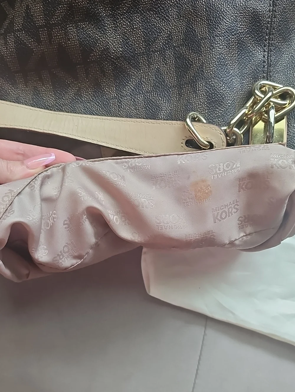 Michael Kors Dark Brown MK Monogram Chain-Handle Lilly Shoulder Bag
